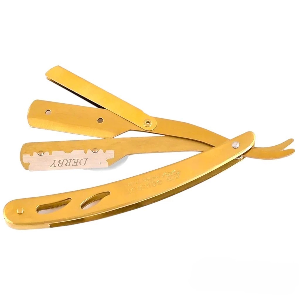 Navalha Navalhete Barbear Aço Inoxidável C/ 2 Travas Dourado